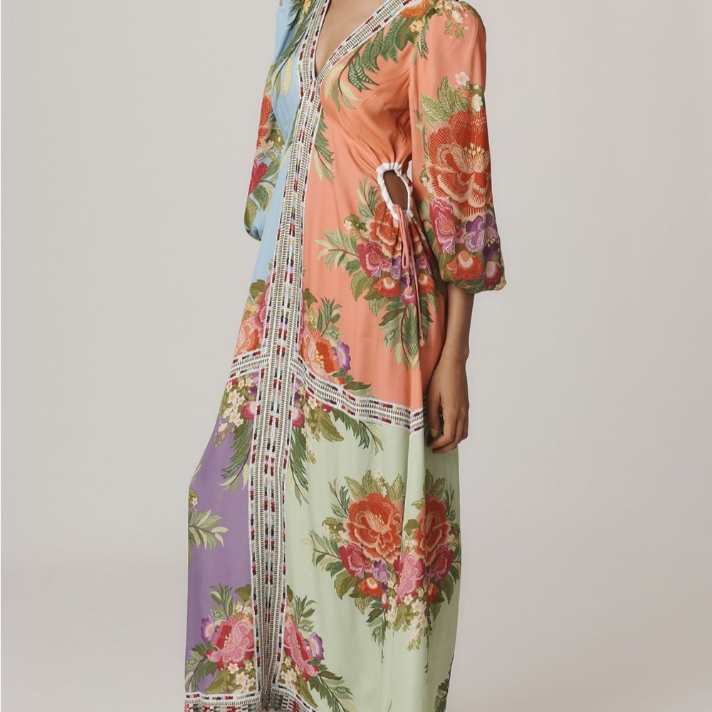 NWT FARM Rio x Anthropology Long Sleeve V-Neck Blue Maxi Floral Dress Size XS - Picture 4 of 13